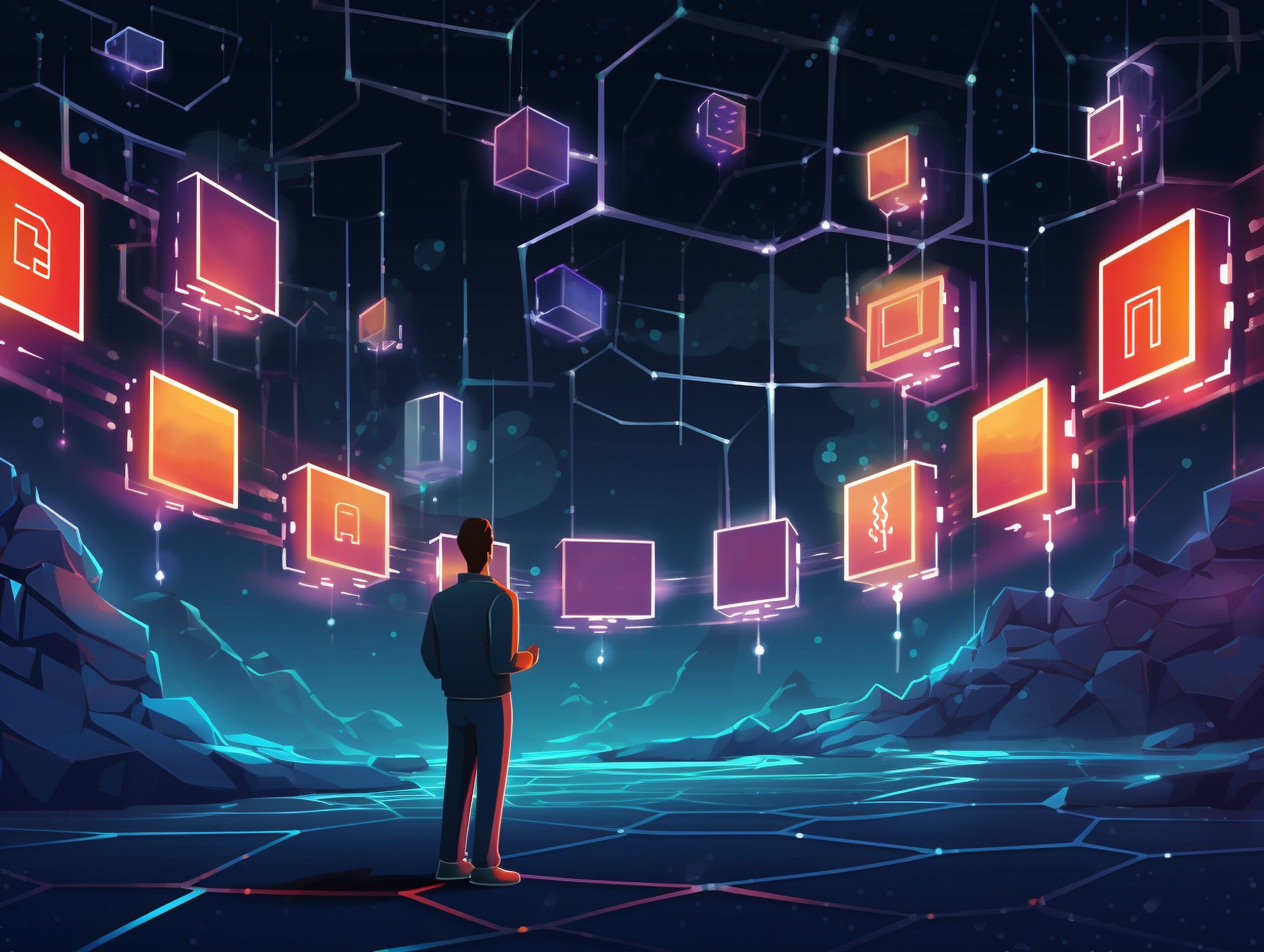 Vibrant illustration of manufacturing SME tokenizing invoices on blockchain for instant RWA-backed stablecoin liquidity and invoice financing