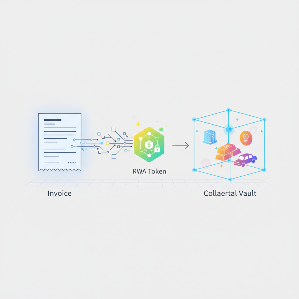 Invoice transforming into blockchain token RWA, collateral vault visualization, glowing digital assets