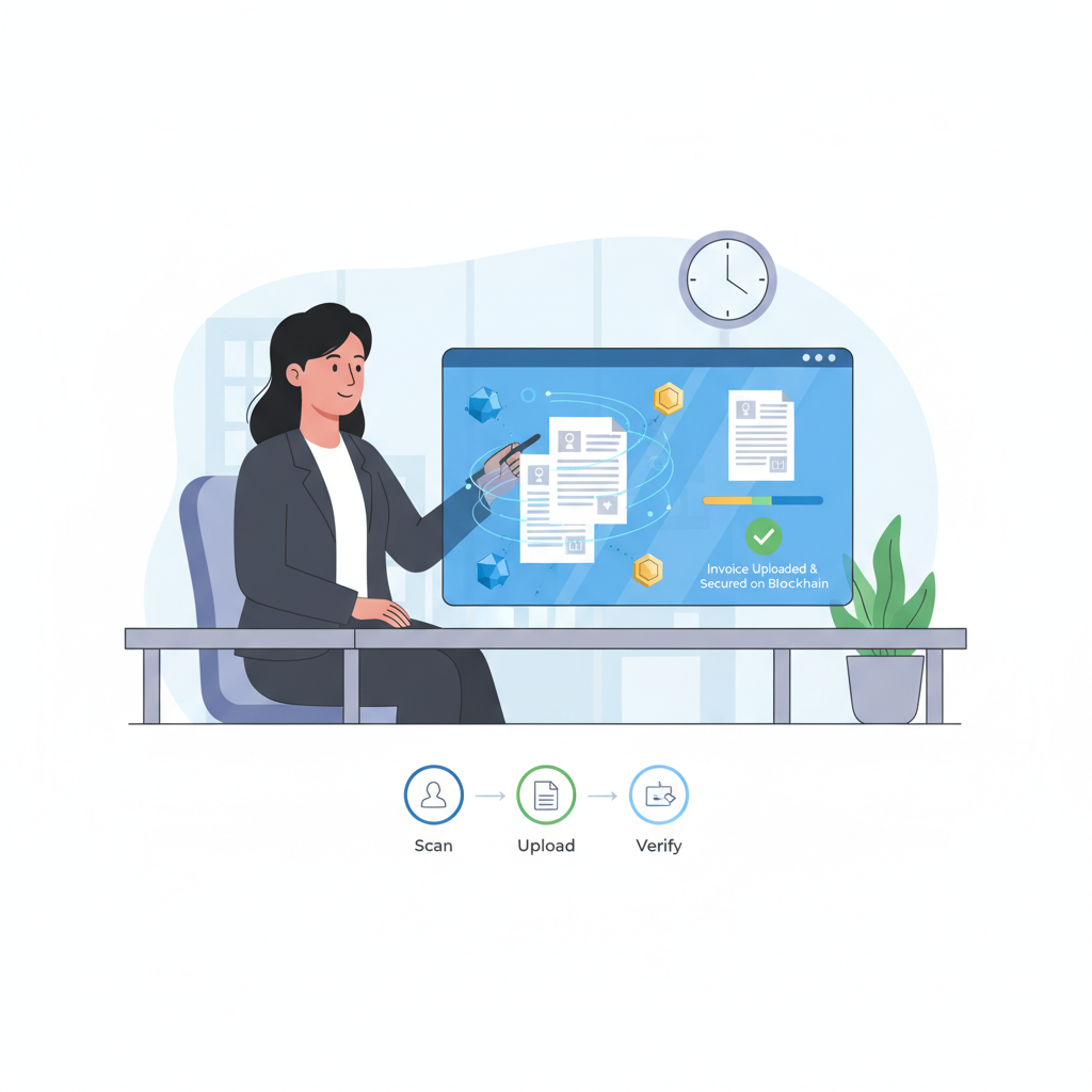 SME business owner uploading invoice documents to sleek blockchain dashboard, professional office setting, digital tokens forming