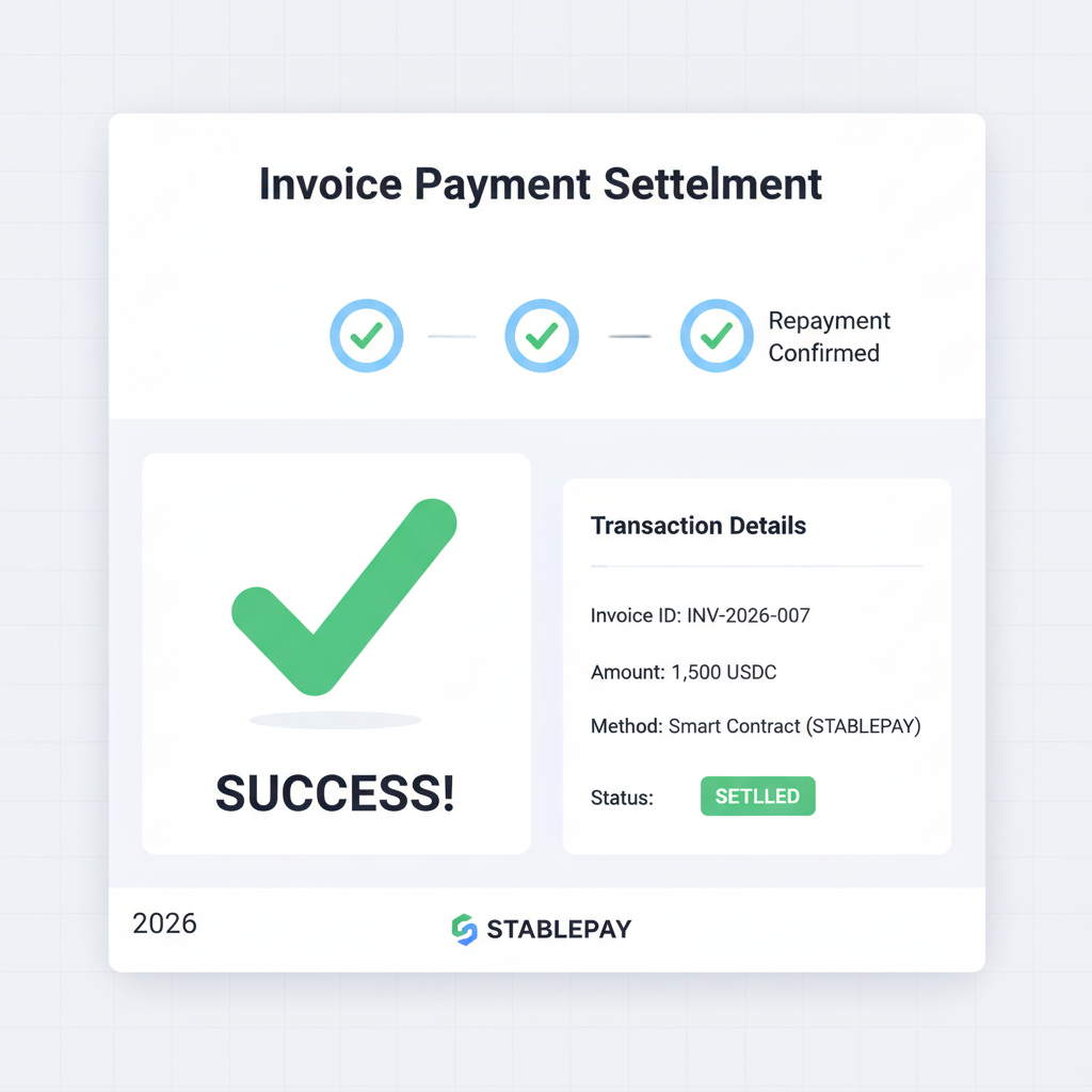 Invoice payment settling, stablecoin repayment via smart contract, success checkmark on dashboard, professional 2026 UI