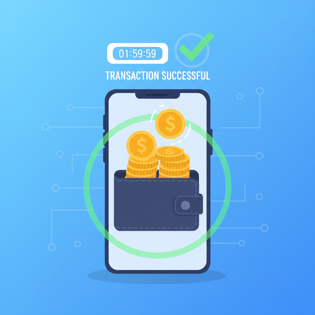 digital wallet instantly receiving stack of stablecoins, 1-2 hour timer, success checkmark animation