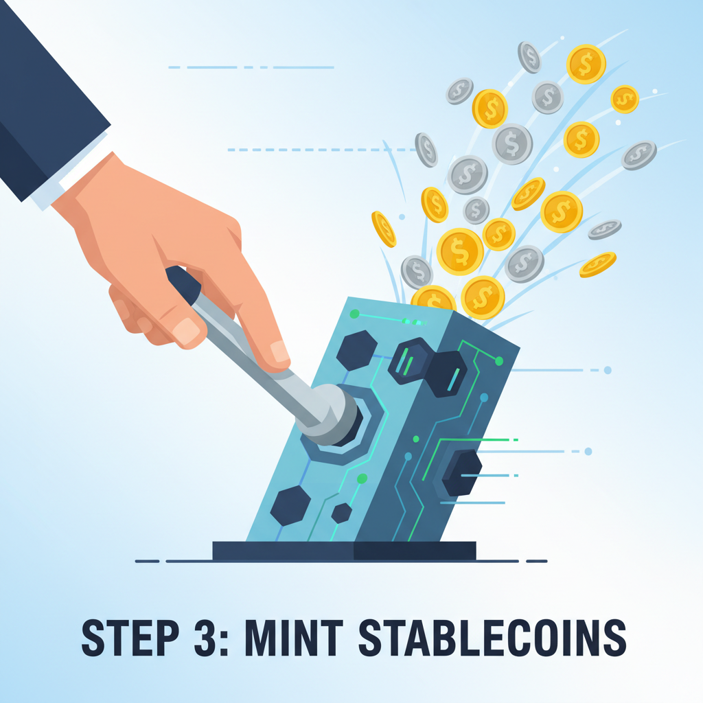Hand pulling stablecoin lever on blockchain machine, coins exploding out, aggressive motion blur