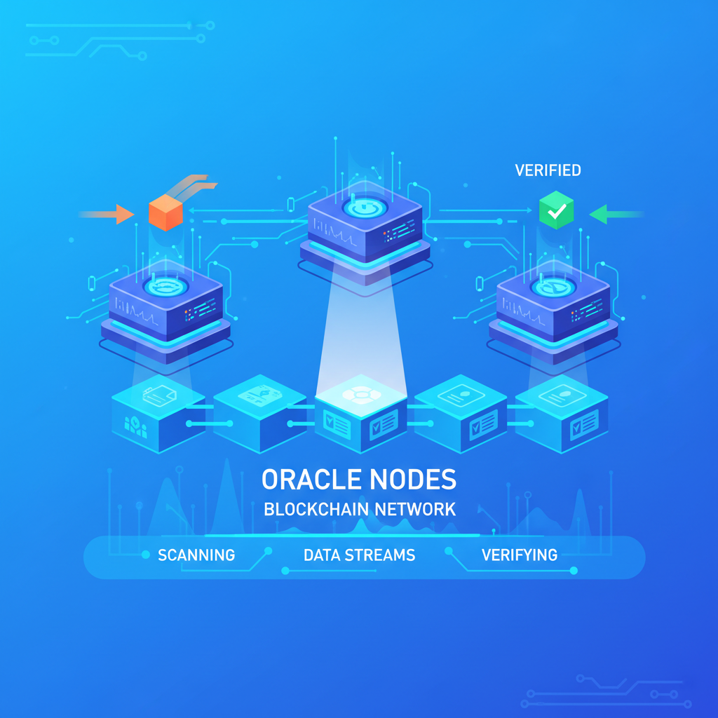 futuristic oracle nodes scanning and verifying digital invoice data on blockchain network, data streams glowing