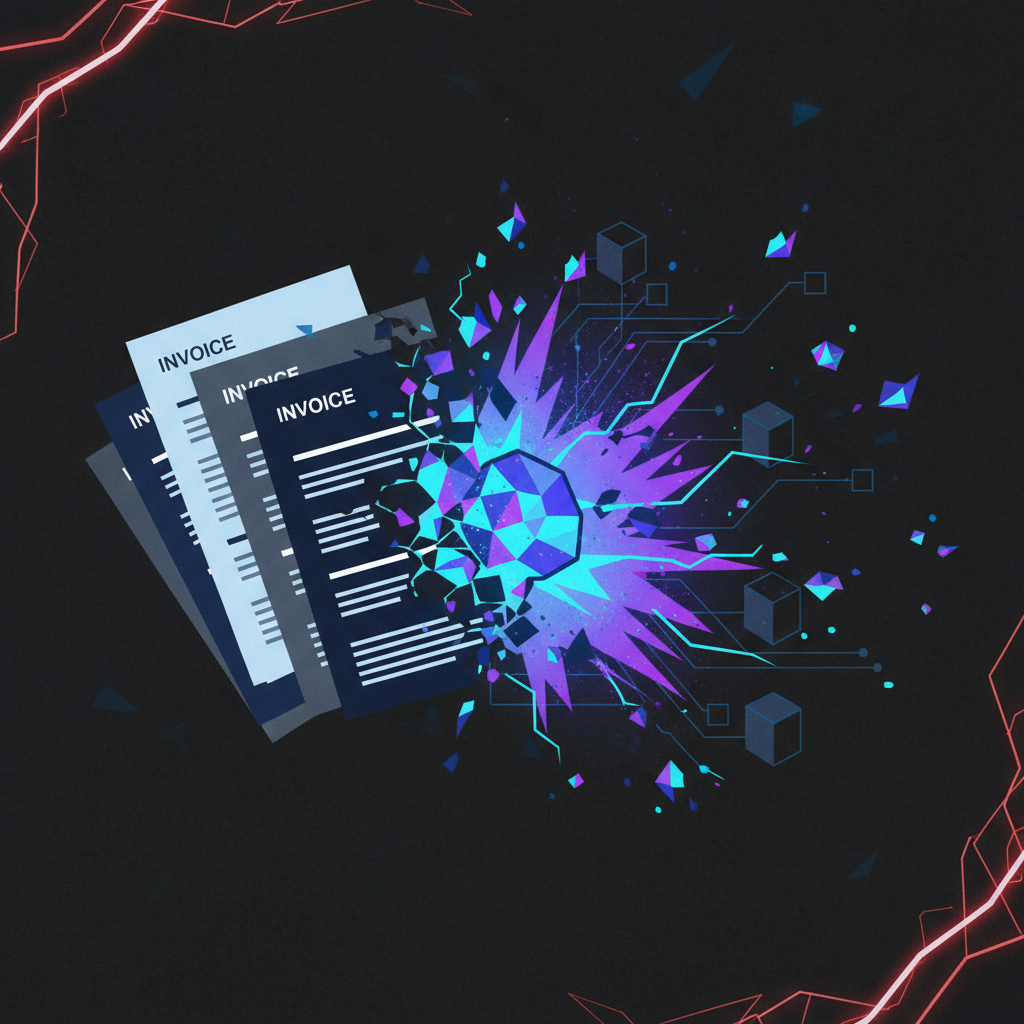 Invoices transforming into glowing blockchain tokens, explosive digital effects, dark aggressive tones