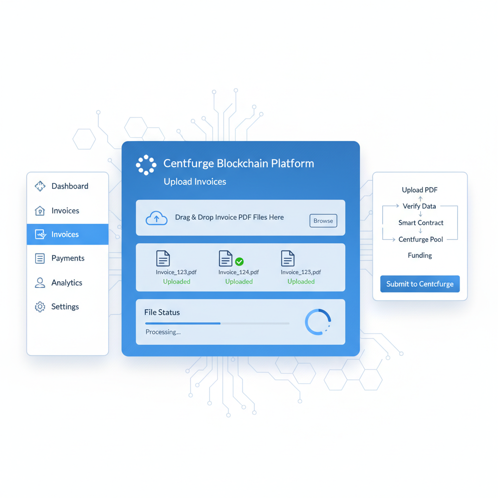 Professional SME dashboard uploading invoice PDFs to Centrifuge platform, futuristic 2026 blockchain interface, clean blues and whites