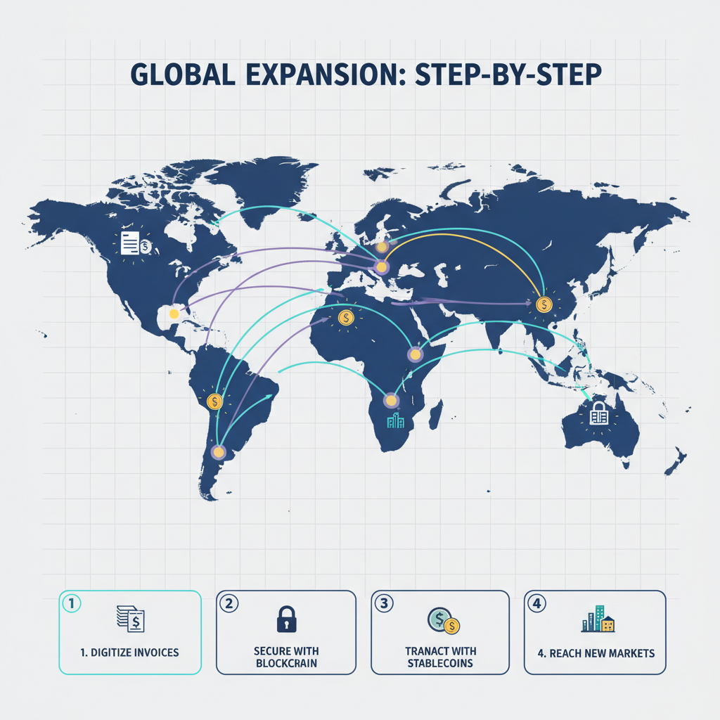 World map with glowing blockchain connections, SMEs expanding globally, diverse icons of invoices and stablecoins