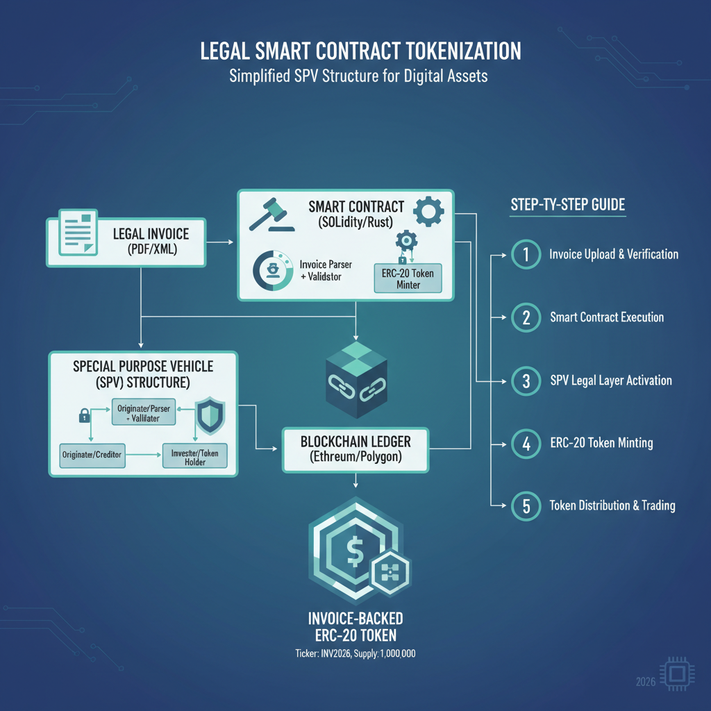 Legal smart contract wrapping invoice into ERC-20 token on blockchain, diagrams of SPV structure, professional 2026 tech style